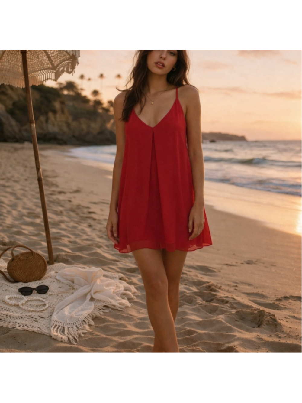 Gianni Bini Red Trapeze Mini Adj Spaghetti Strap tomato girl vacation surfer gir